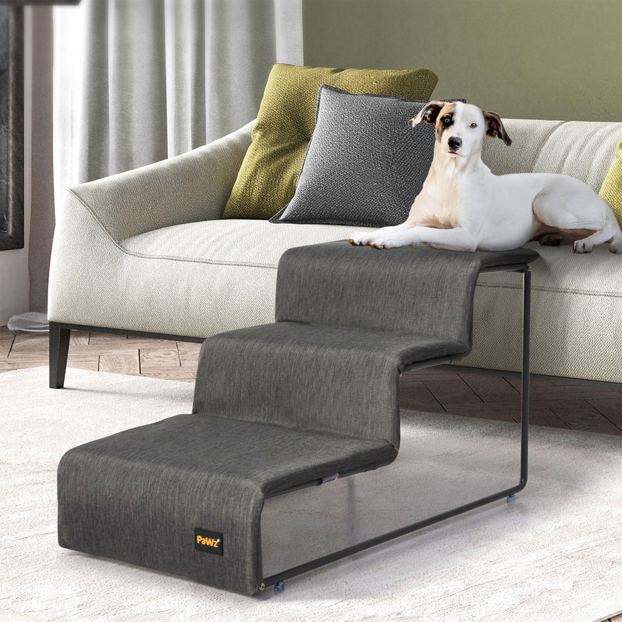 Pet Ramp 3 Steps, Portable Dog Step Stair for High Bed, Couch, Sofa, Pet Stairs Metal Frame with Removable Cover Washable, Indoor Outdoor Pet Car Ramp for Dogs & Cats Grey,