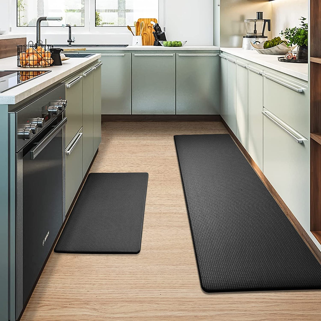Cushioned Kitchen Floor Mat, Non-Slip Waterproof Standing Kitchen Rugs and Mats for Home (45x75+45x150cm, Black/Grey)