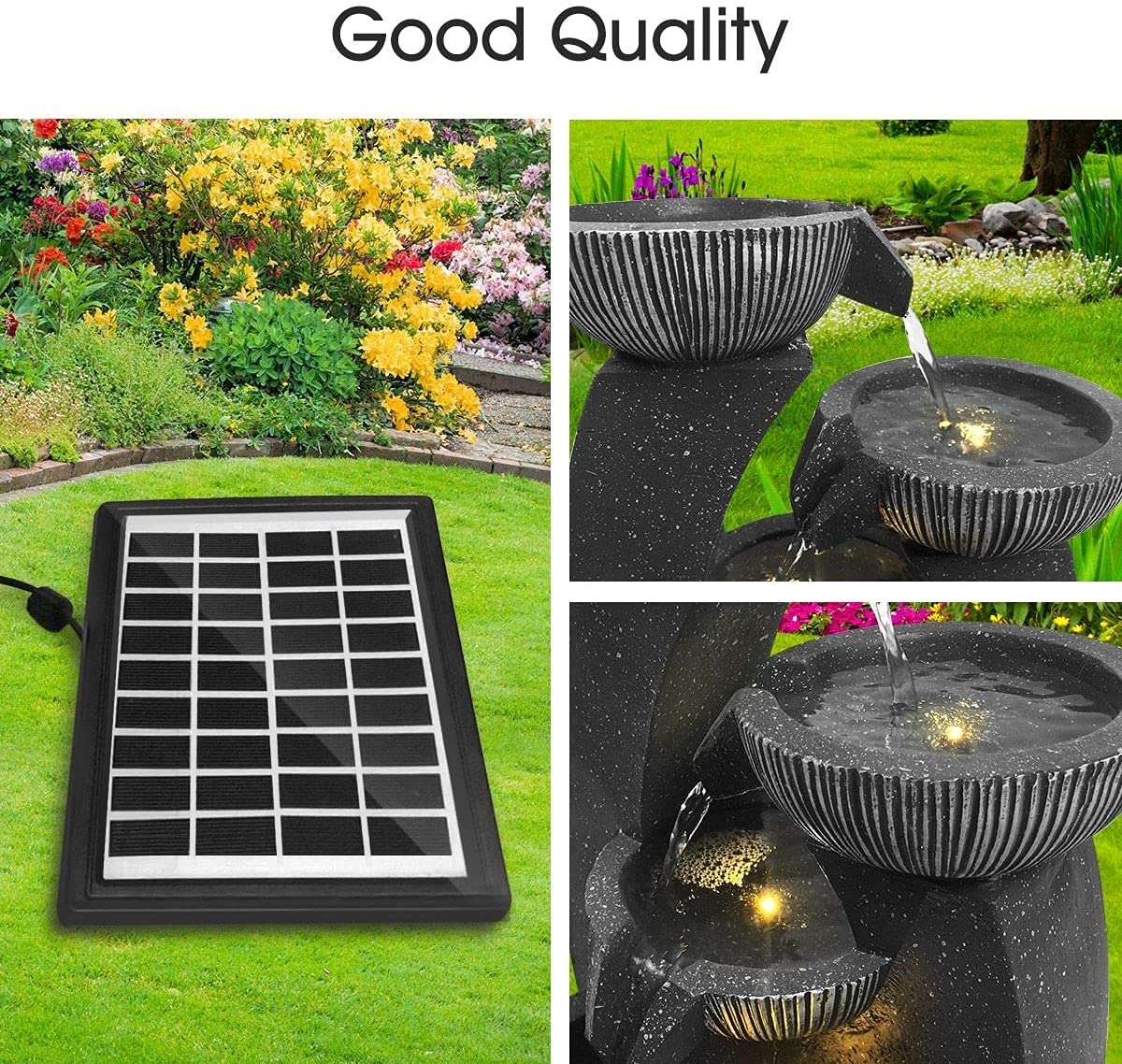 4-Tier Solar Water Fountain Garden Features Outdoor Indoor Bird Bath with LED Light Grey
