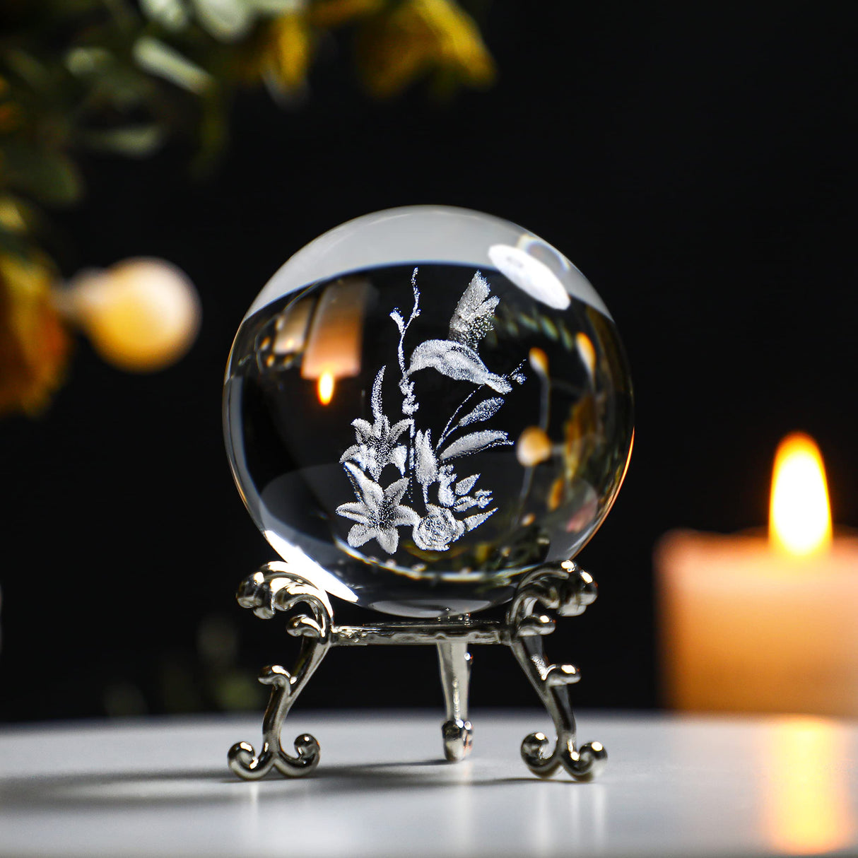 3D Laser Hummingbird Crystal Ball Paperweight Figurines Glass Crystal Ball with Stand Gift 60mm