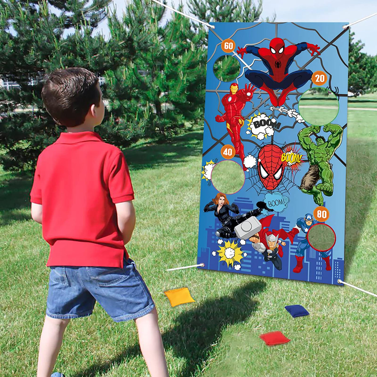 Superhero Bean Bag Toss Game-Throwing Game Banner with 3 Bean Bags-Superhero Party Supplies
