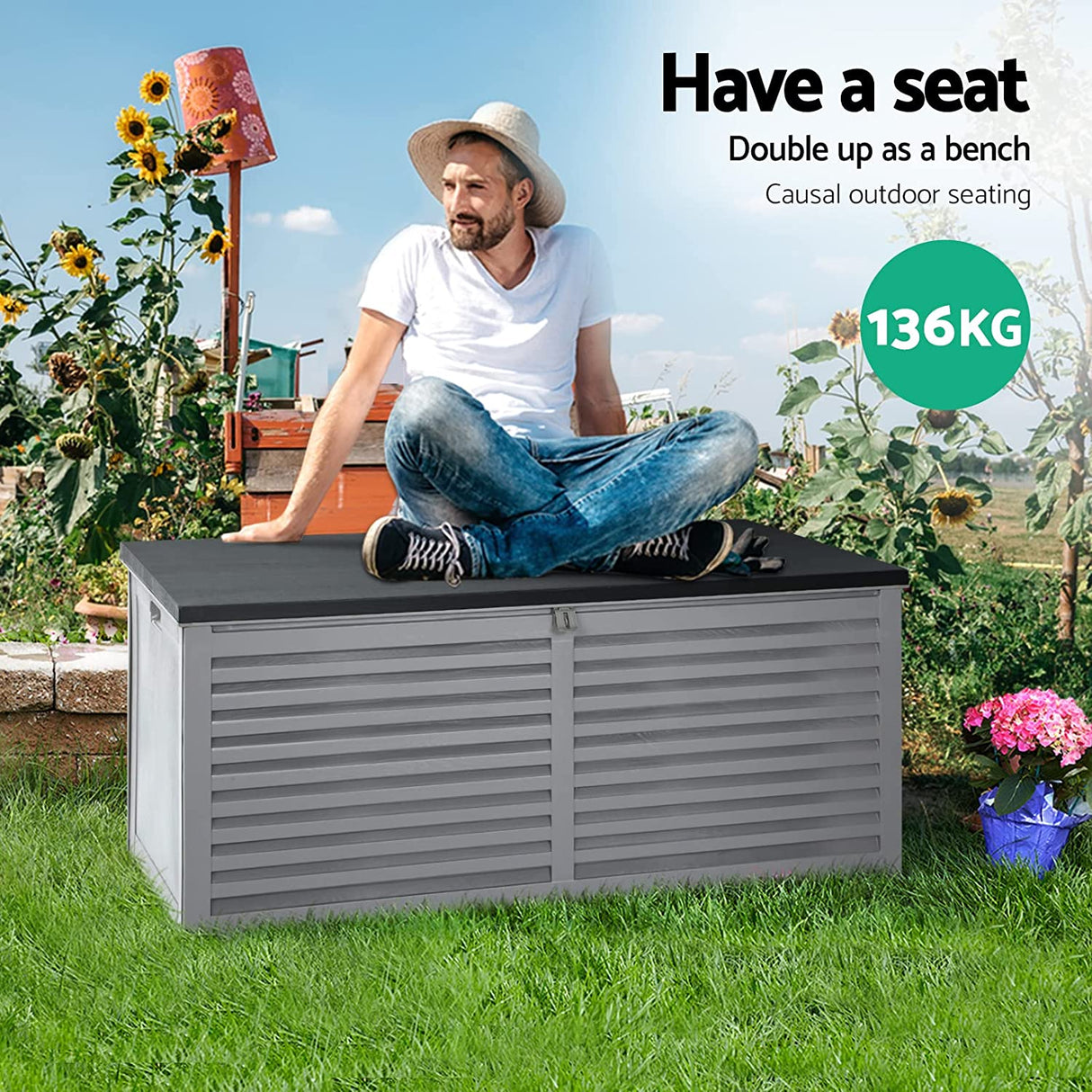 Gardeon Outdoor Storage Box Bench Seat Lockable Garden Deck Toy Tool Sheds 390L