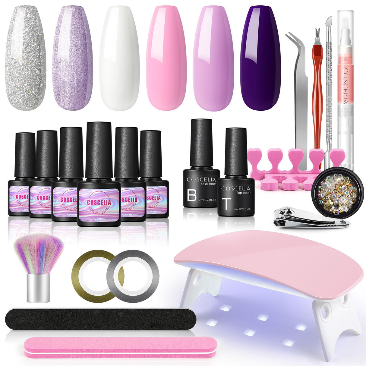 Gel Nail Starter Kit with U V Nail Light 6 Colors Gel Nail Polish Purple Pink Color with Base Coat Glossy Coat Gel Nail Rhinestone Decoration Manicure Tools for Nail Salon DIY at Home