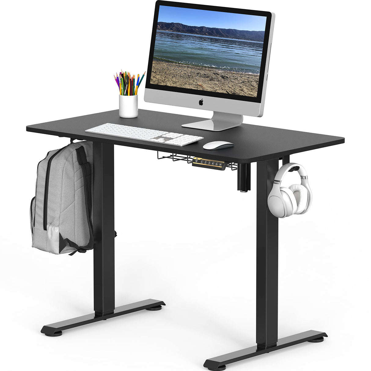 Small Electric Height Adjustable Sit Stand Desk with Hanging Hooks and Cable Management, 40 x 22 Inches, Black Frame and Black Top