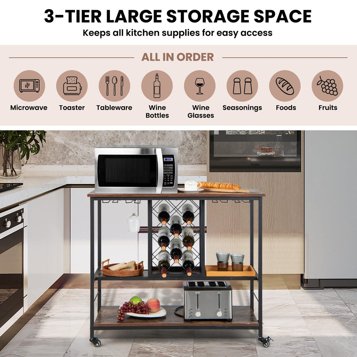 3-Tier Bar Wine Rack Table, Industrial Kitchen Island Cart with 8-Bottle Wine Rack & 4-Row Wine Glass Holders, Rolling Buffet Serving Cart for Dining Room, Living Room, Cafe, Rustic Brown