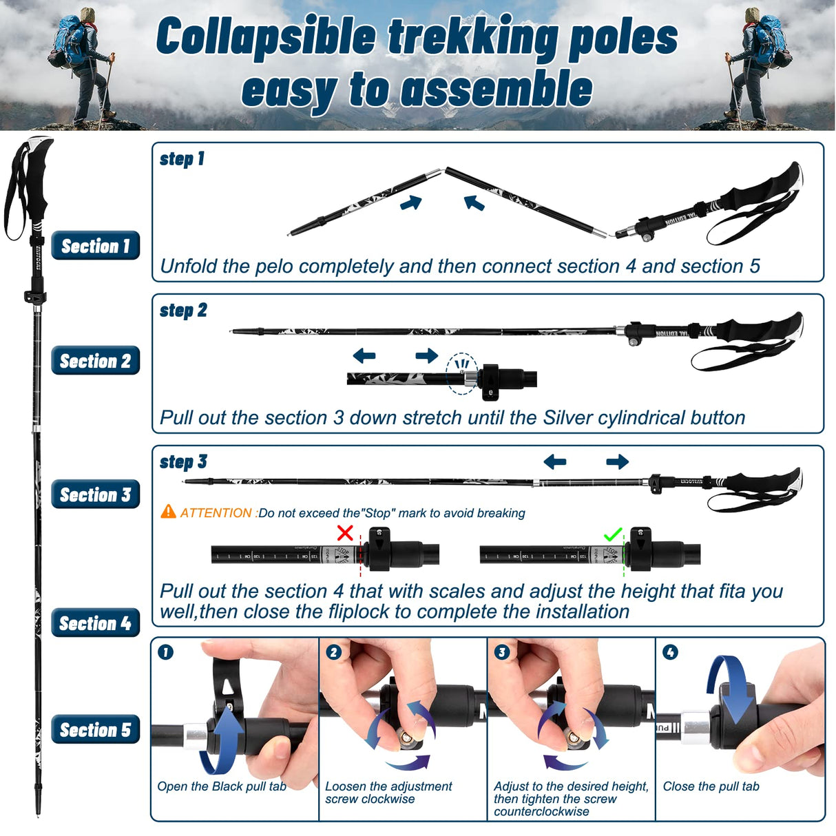 Trekking Poles 2 Pack Lightweight Telescopic Hiking Poles, Adjustable and Foldable Hiking Poles for Walking aid, Backpacking, Camping and Hiking