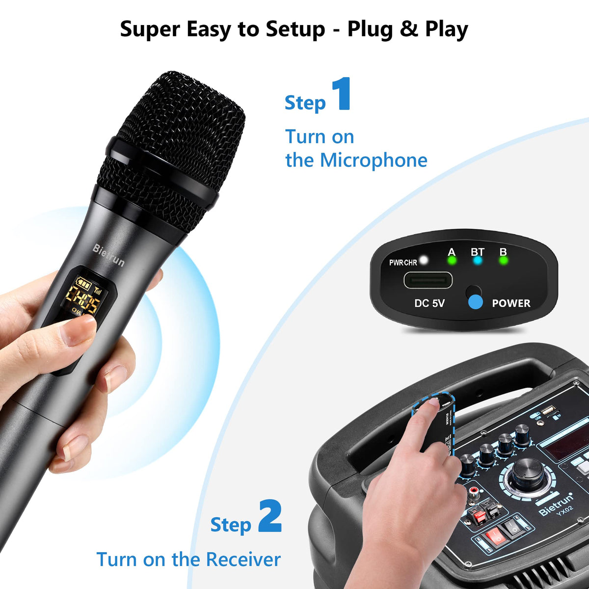 Bietrun Dual UHF Wireless Microphones with Bluetooth Receiver