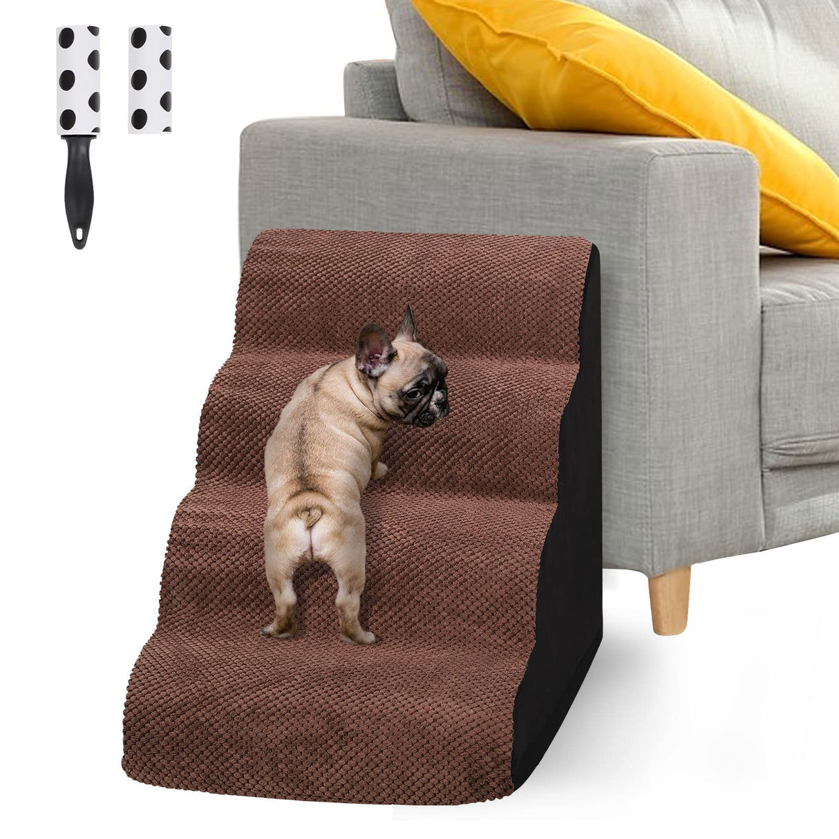 4 Tiers Extra Wide Dog Steps, Pet Stairs-High Density Foam Dog Ladder Ramp for Bed or Couch,Non-Slip Dog Stairs for Short Leg Dogs,Older/Injured Pets,with Lint Roller 2 Refills Brown/Black