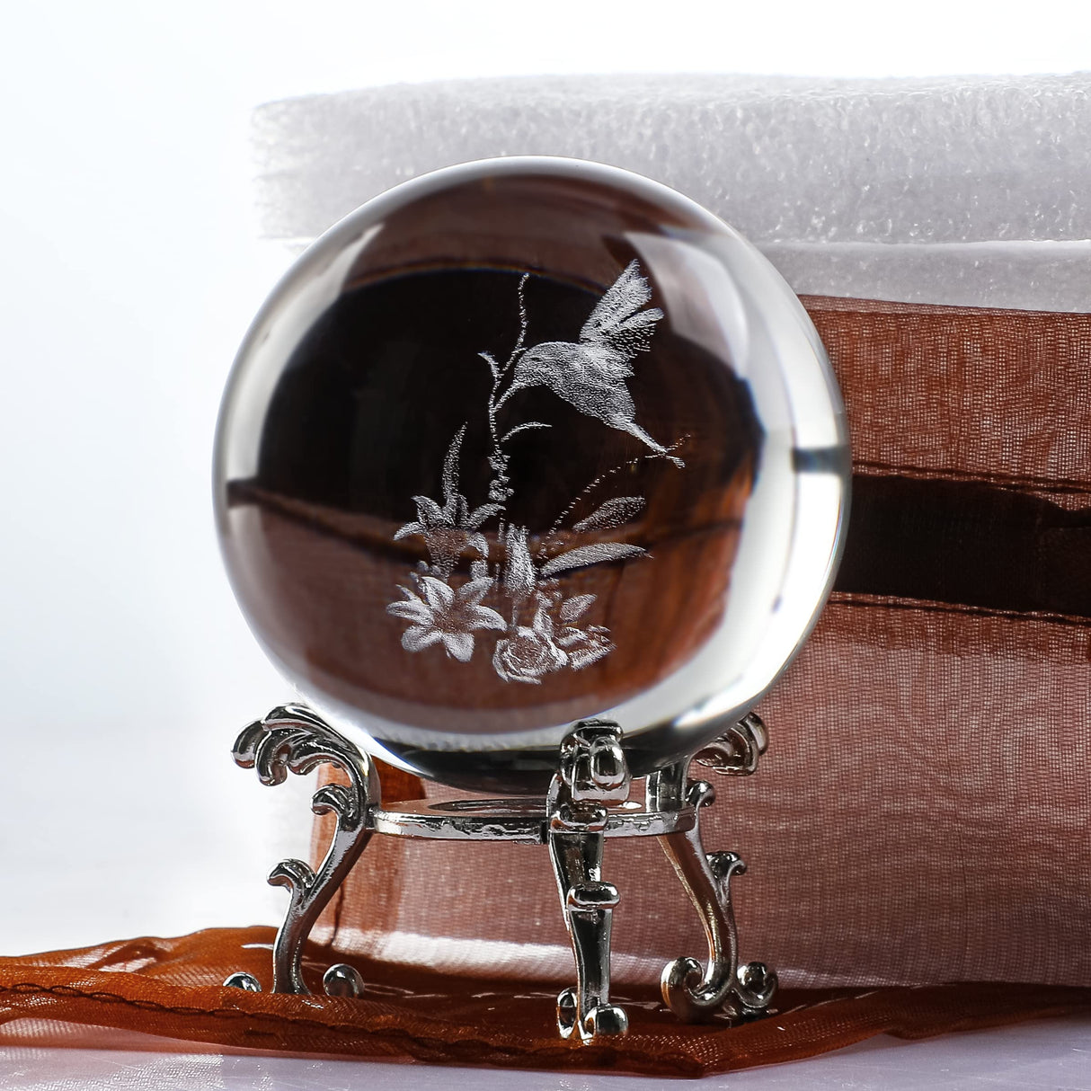 3D Laser Hummingbird Crystal Ball Paperweight Figurines Glass Crystal Ball with Stand Gift 60mm