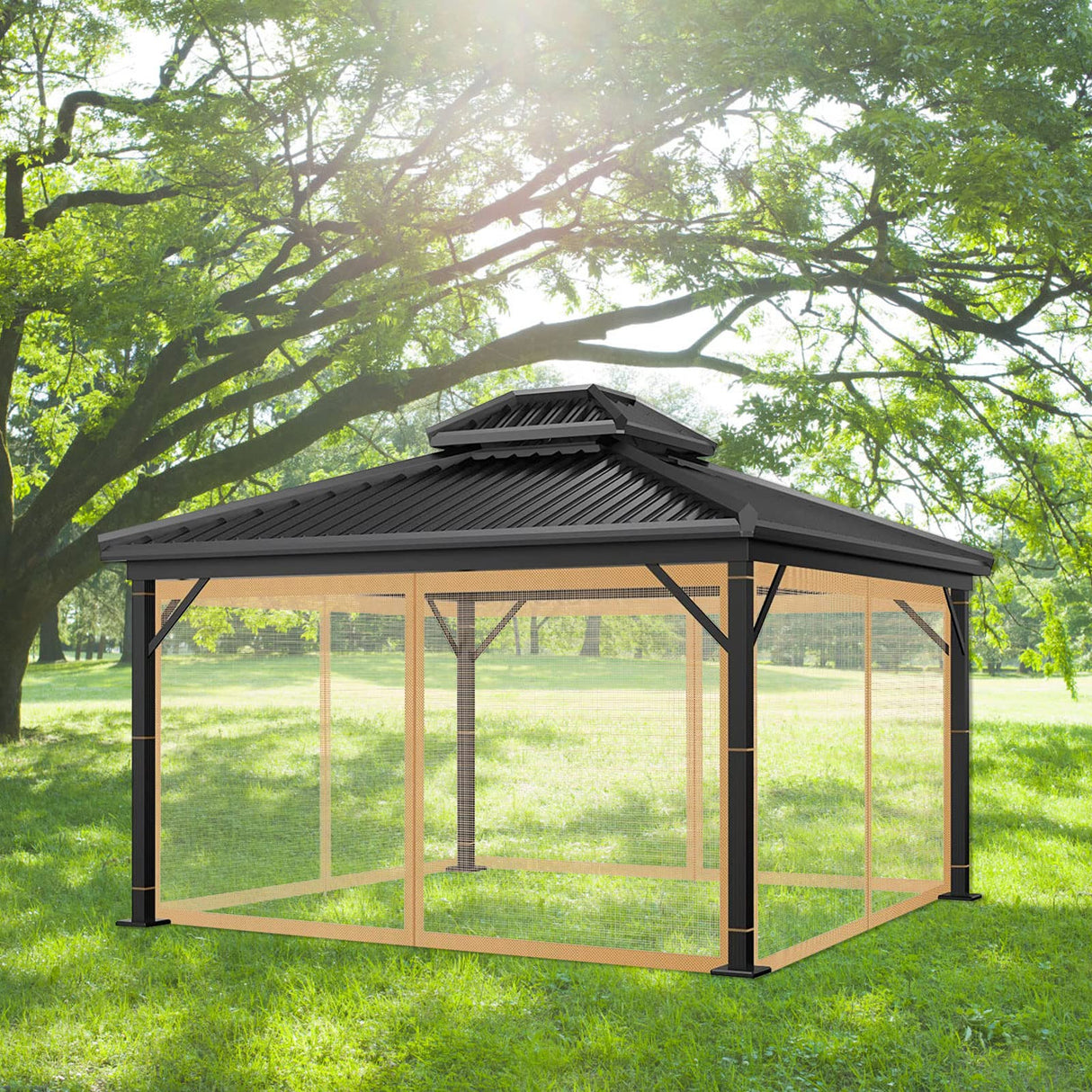 New Gazebo Mo-squito Net Outdoor Gazebo Netting Screen Replacement Universal 4-Panel Sidewalls with Zipper Waterproof Mo-Squito Netting (12' x 12', Brown)