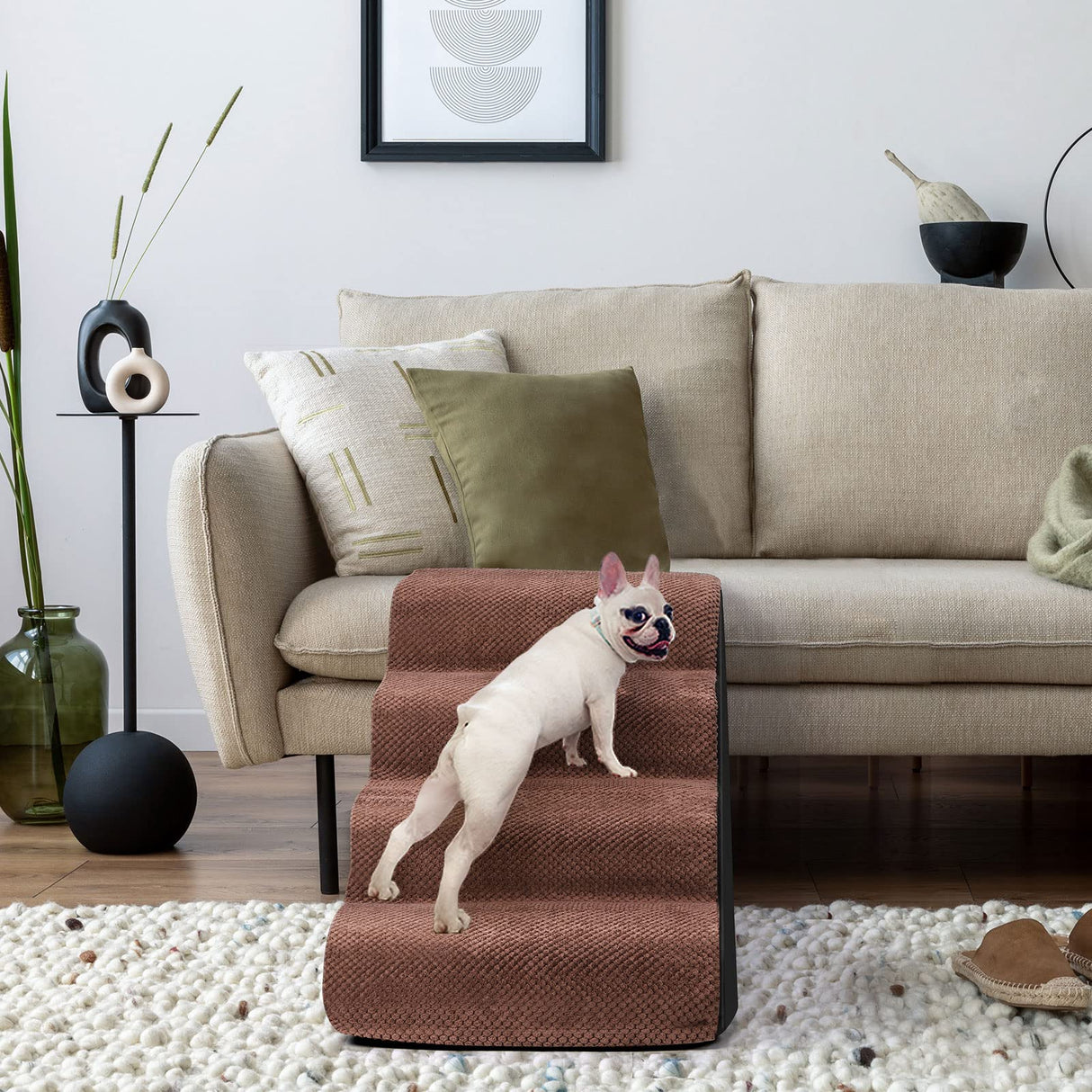 4 Tiers Extra Wide Dog Steps, Pet Stairs-High Density Foam Dog Ladder Ramp for Bed or Couch,Non-Slip Dog Stairs for Short Leg Dogs,Older/Injured Pets,with Lint Roller 2 Refills Brown/Black