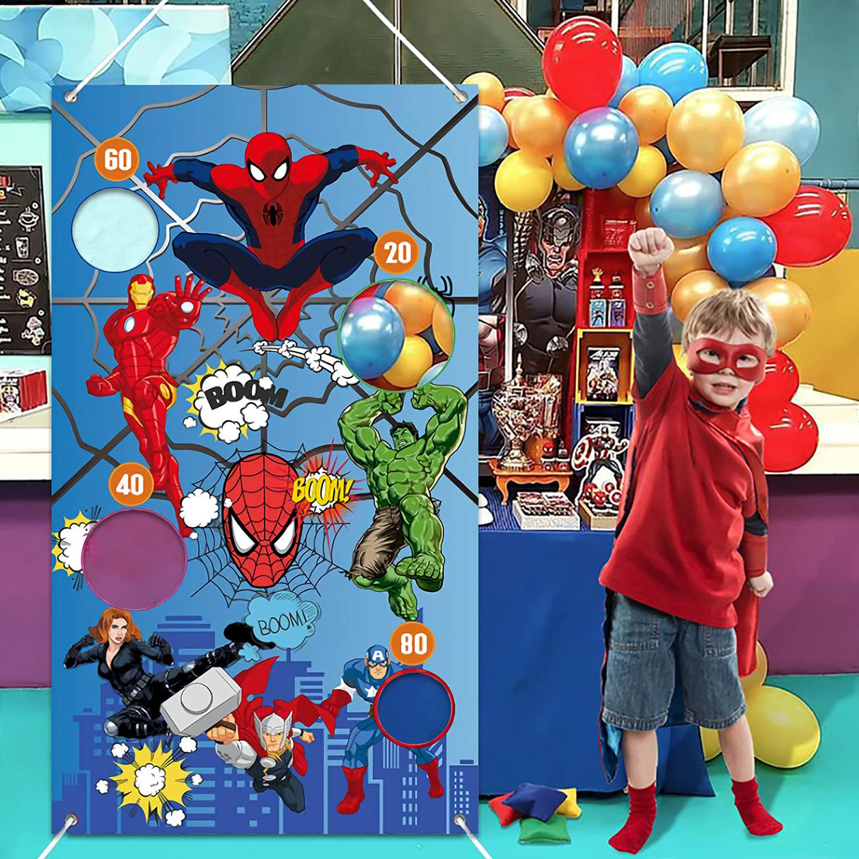 Superhero Bean Bag Toss Game-Throwing Game Banner with 3 Bean Bags-Superhero Party Supplies