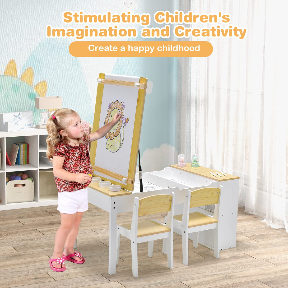 Kids Table and Chairs Set, 2 in 1 Wooden Art Table & Easel Set for Children with 2 Chairs, 6 Storage Bins, Paper Roller, Paint Box, Toddler Table Chairs Set for Playing Painting Learning