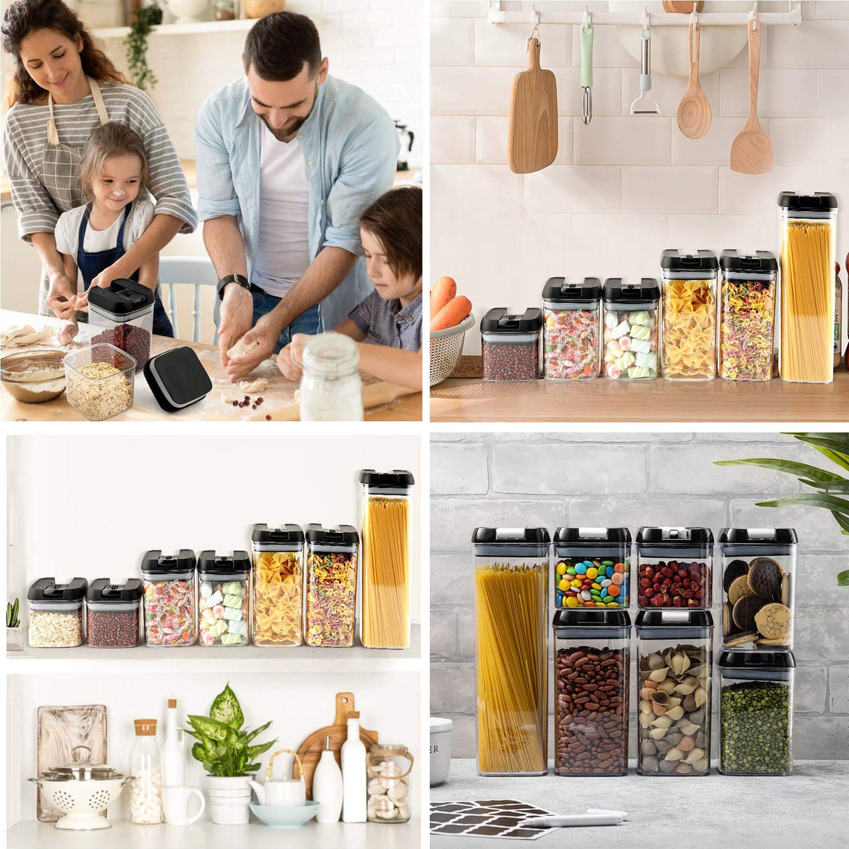 Airtight Food Storage Container Set,7 Pieces BPA Free Plastic Kitchen Organization and Storage with Easy Lock Black Lids Labels/Spoons/Pen,for Dry Food, Flour, Sugar, Pasta, Cereal