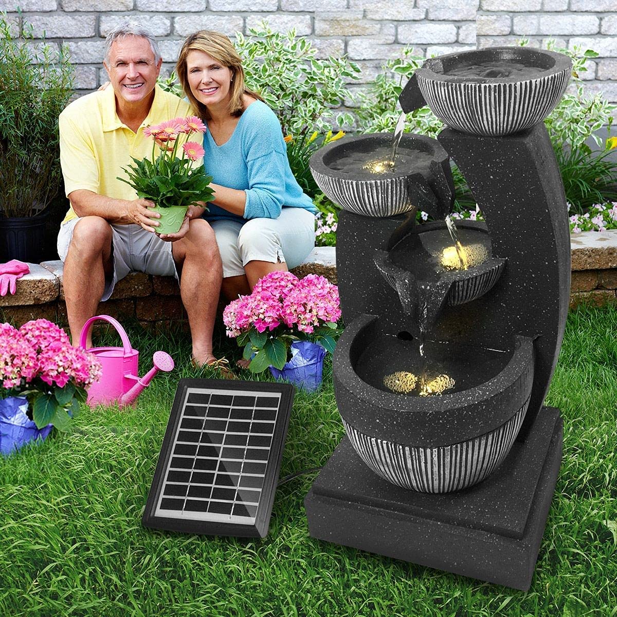 4-Tier Solar Water Fountain Garden Features Outdoor Indoor Bird Bath with LED Light Grey