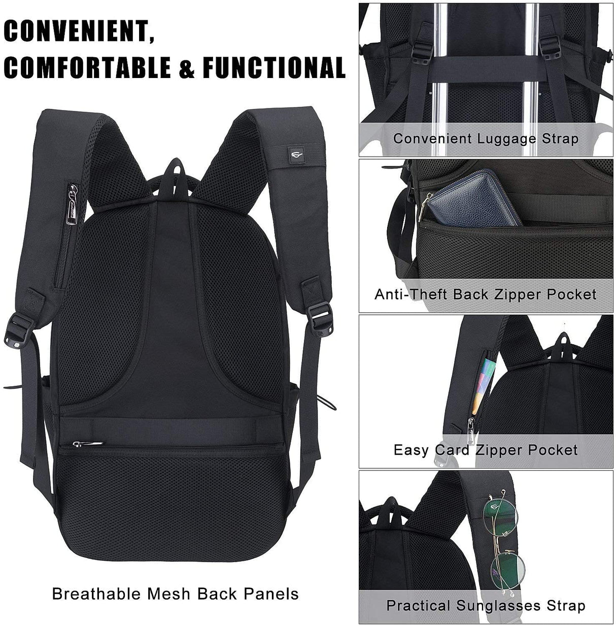 Travel Laptop Backpack Water Resistant Business Backpack USB Charging Port Computer Backpack Men Women College School Bag Fit 16 inch Laptops… (Black)