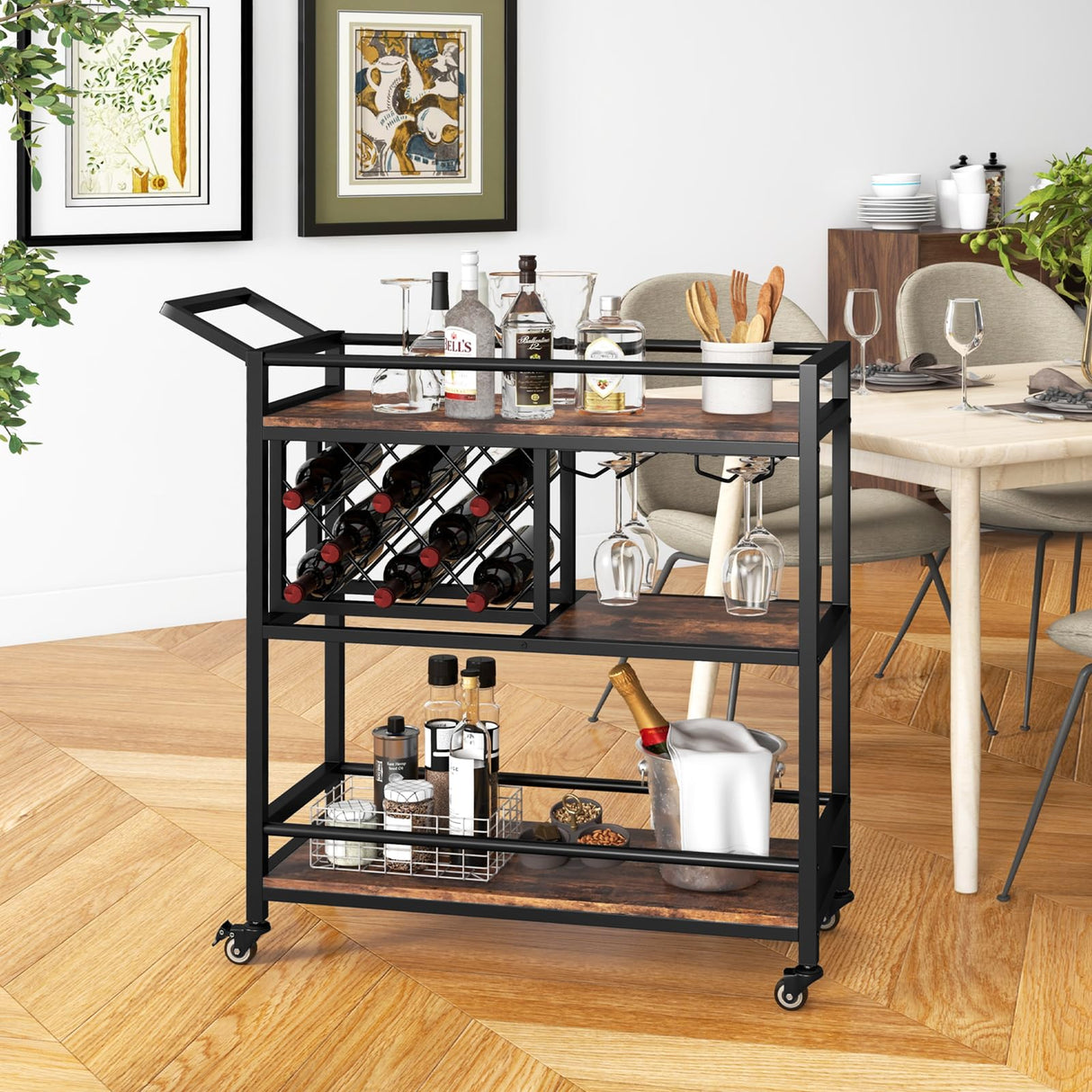 3-Tier Bar Cart on Wheels, Serving Cart w/Wine Rack & Glasses Holder, Heavy-Duty Metal Frame Mobile Drink Cart, Rolling Beverage Storage Cart w/Lockable Wheels for Kitchen, Dining Room