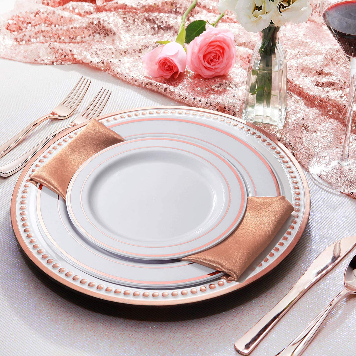 200 Pieces Disposable Dinnerware Set Include Rose Gold Plastic Plates, Rose Gold Silverware, Rose Gold Cups, Linen Like Paper Napkins, Service for 25 Guests, Enjoylife (Rose Gold)