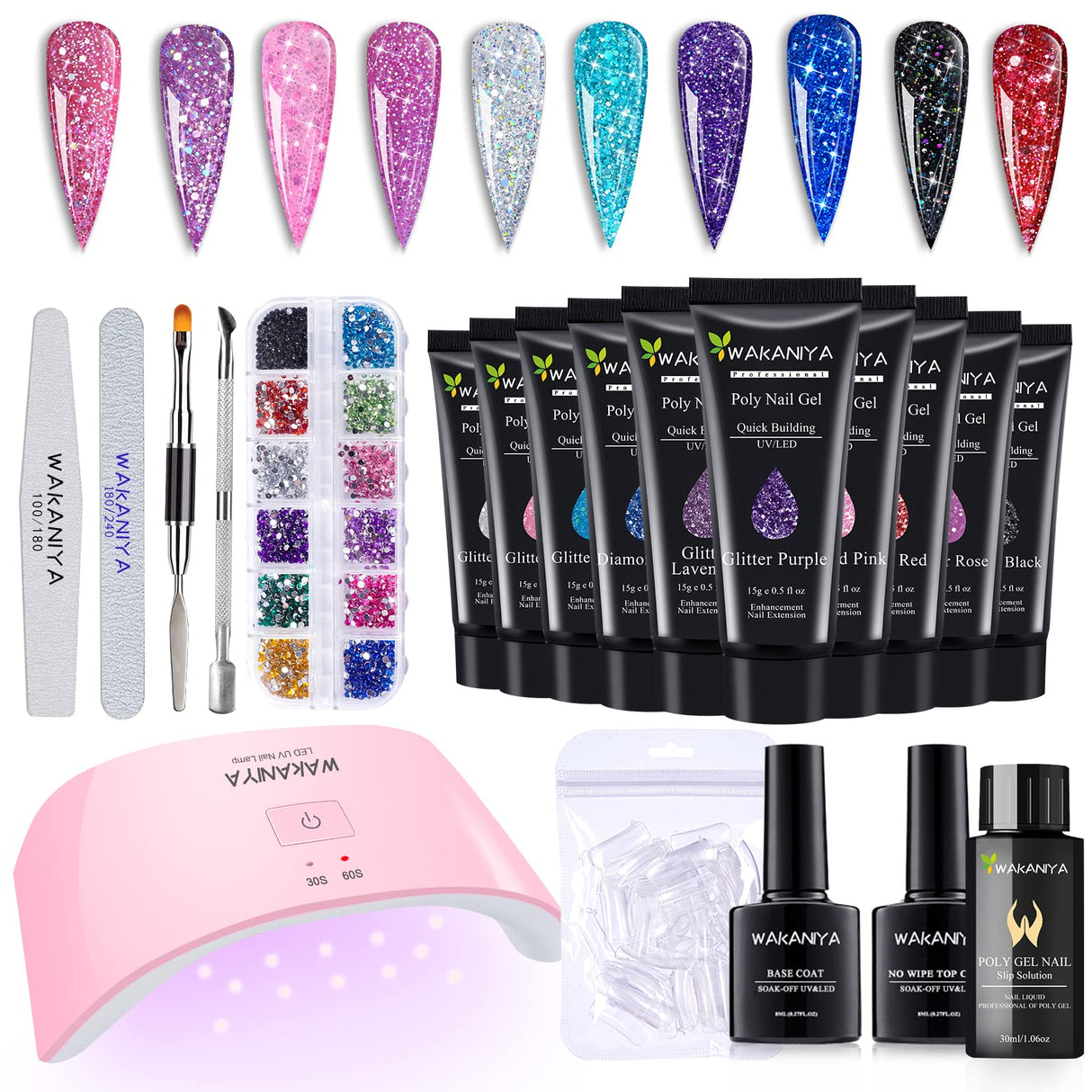 Poly Gel Nail Extension Kit with Lamp, 10 Glitter Colors Quick Nail Builder Gel Enhancement Set, Easy Poly Nail Gel Kits with Rhinestones, Nail Forms for Starters DIY Nail Art
