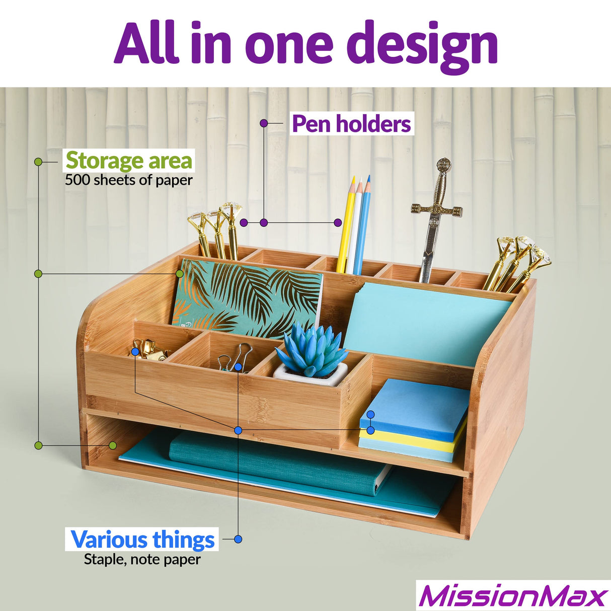 Bamboo Wood Desk Organizer with File Organizer for Office Supplies Storage & Desk Accessories. Perfect Office Decor combo for Desk Organization, Office Desks, Home Office and more by MissionMax