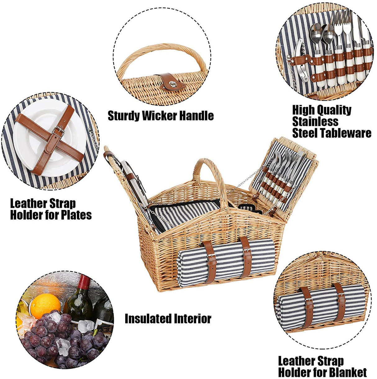 Picnic Hamper for 4 Persons with Double Lids and 'Built-in' Insulated Cooler, Natural Wicker Picnic Basket with Canvas Stripe Lining, Willow Picnic Set (Navy Stripe)