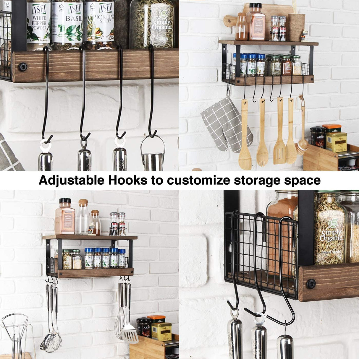Rustic Torched Wood Kitchen Storage Shelf Wall Mount Organizer Stand with 8 Hanging Removable Hooks and 2 Shelves