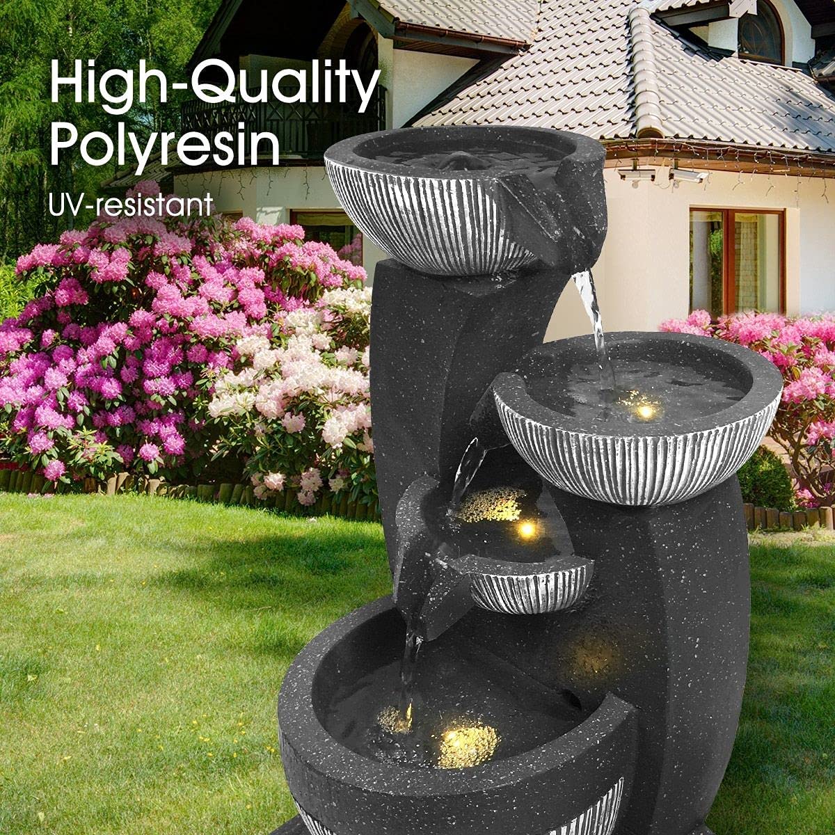 4-Tier Solar Water Fountain Garden Features Outdoor Indoor Bird Bath with LED Light Grey