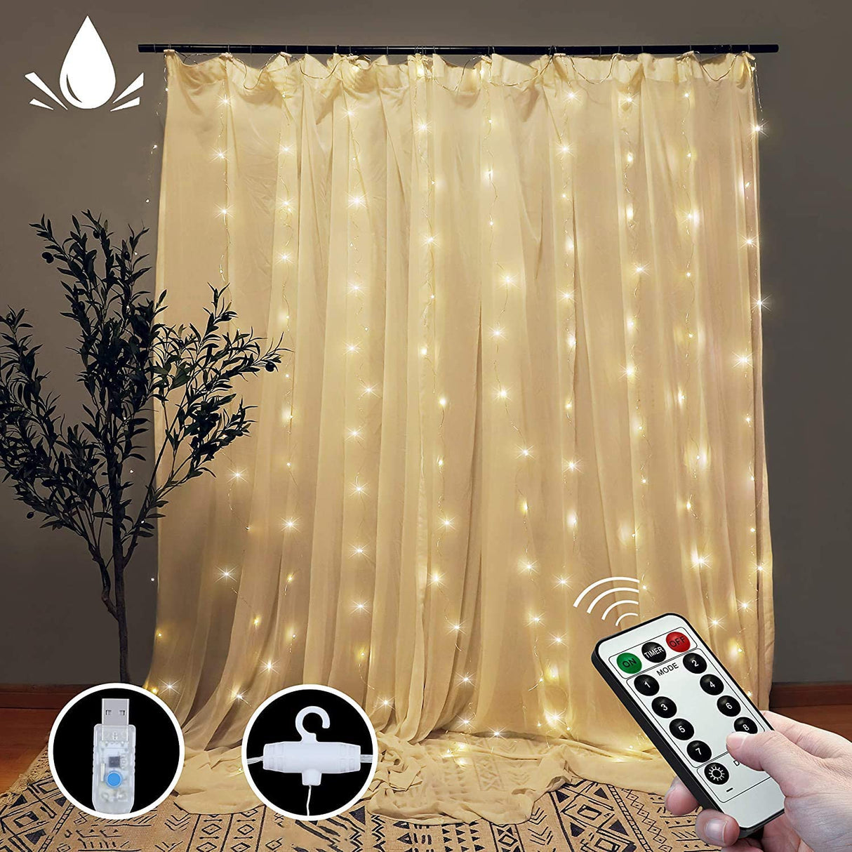 Curtain String Lights with Remote, LT 300 LEDs Window Curtain Fairy Lights 8 Modes 9.8ftx9.8ft USB Powered Fairy Lights for Party Bedroom Wall, Christmas Wedding Party Home Garden Outdoor Indoor Wall Decorations(Cool White)