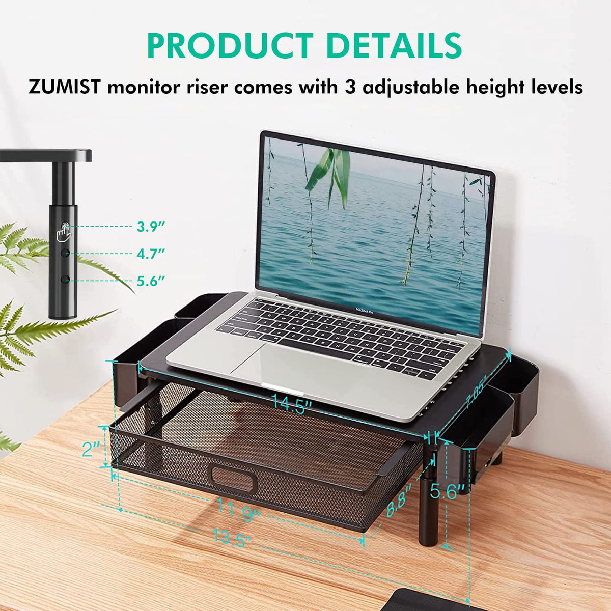 Zumist 3-Height Metal Monitor Riser with Drawer & Holders