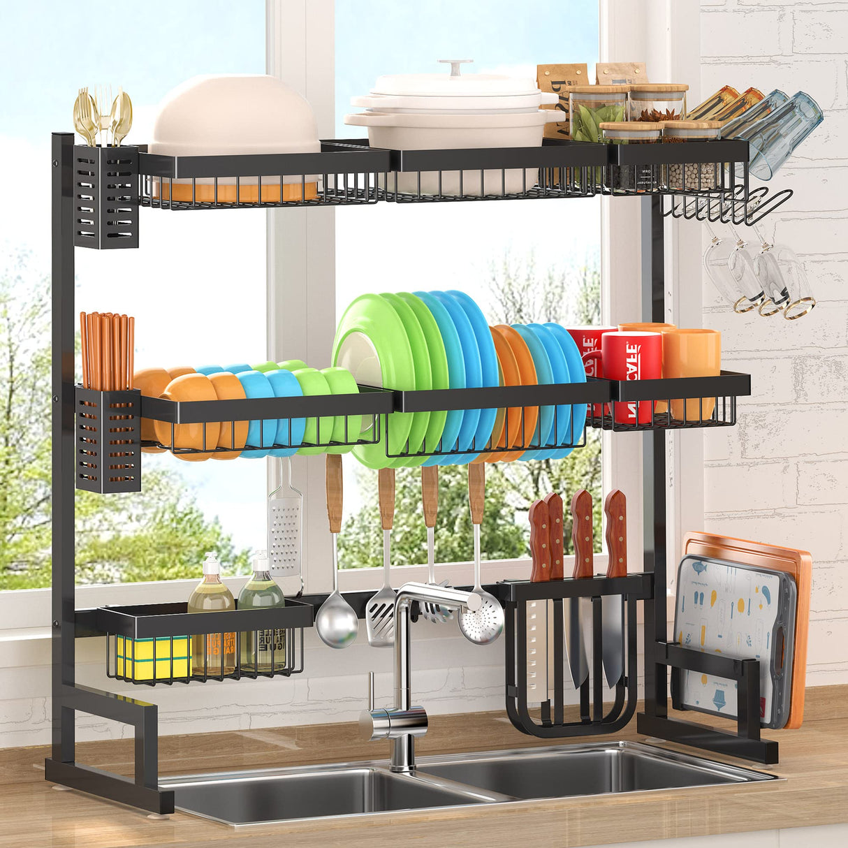 3 Tier Over Sink Dish Drying Rack (34"-45"), 2 Cutlery Holders Adjustable Dish Drainer for Kitchen Storage Countertop Organization, Stainless Steel Space Save Shelf (Sink Size≤44inch, Black)