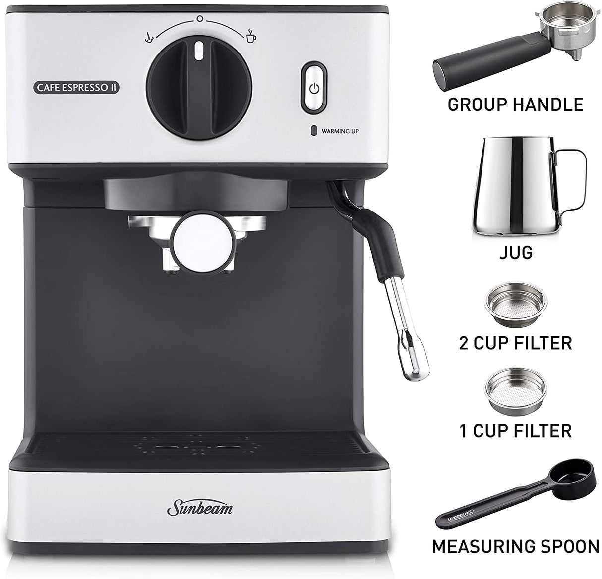 Sunbeam Café Espresso II Coffee Machine | Espresso, Latte & Cappuccino Coffee Maker| 1.7L Water Tank | Milk Frother | 15 Bar Italian Pump | Stainless Steel Milk Jug | Silver