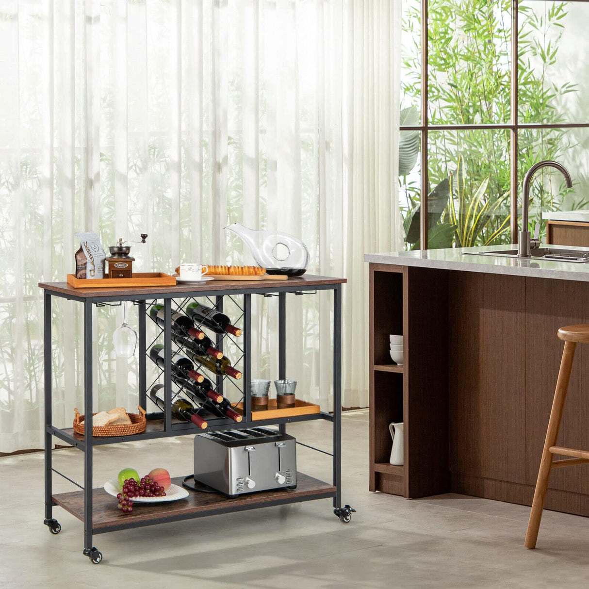 3-Tier Bar Wine Rack Table, Industrial Kitchen Island Cart with 8-Bottle Wine Rack & 4-Row Wine Glass Holders, Rolling Buffet Serving Cart for Dining Room, Living Room, Cafe, Rustic Brown