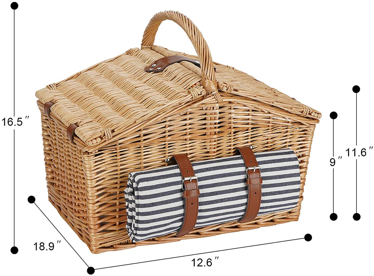 Picnic Hamper for 4 Persons with Double Lids and 'Built-in' Insulated Cooler, Natural Wicker Picnic Basket with Canvas Stripe Lining, Willow Picnic Set (Navy Stripe)