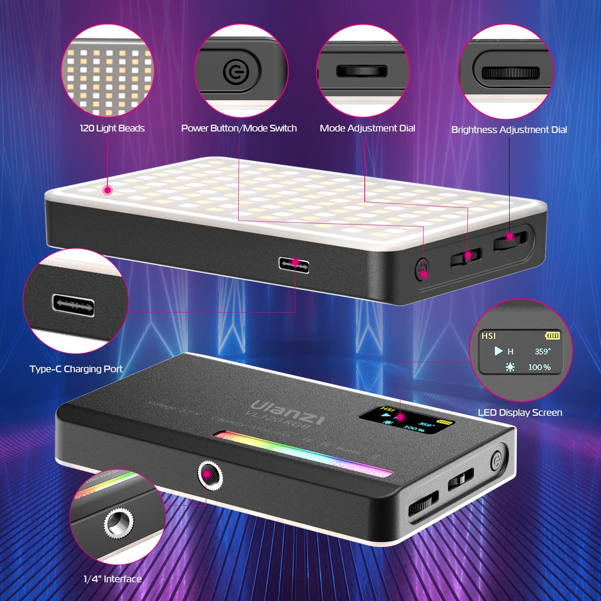 VL120 RGB LED Video Light, 360° Full Color Portable Camera Light, CRI 95+ 2500-9000K Dimmable Panel Lamp w LCD, 3100mAh Rechargeable DSLR Lighting for Vlogging, Photography, Video Conference