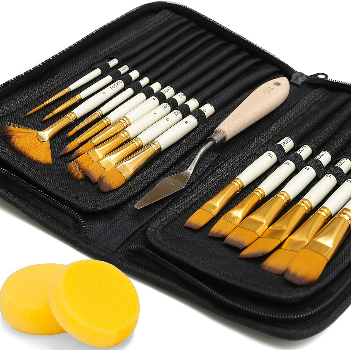 Artist Paint Brush Set 15pcs Includes Pop-up Carrying Case with Free Palette Knife and 2 Sponges for Acrylic, Oil, Watercolor, Art, Scale Model, Face, Paint by Numbers for Adults