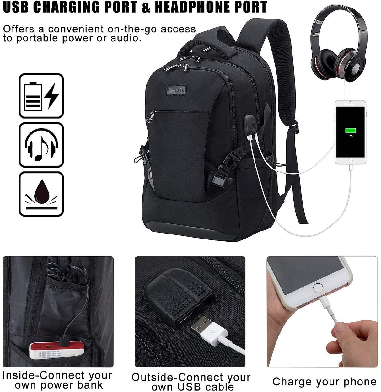 Travel Laptop Backpack Water Resistant Business Backpack USB Charging Port Computer Backpack Men Women College School Bag Fit 16 inch Laptops… (Black)