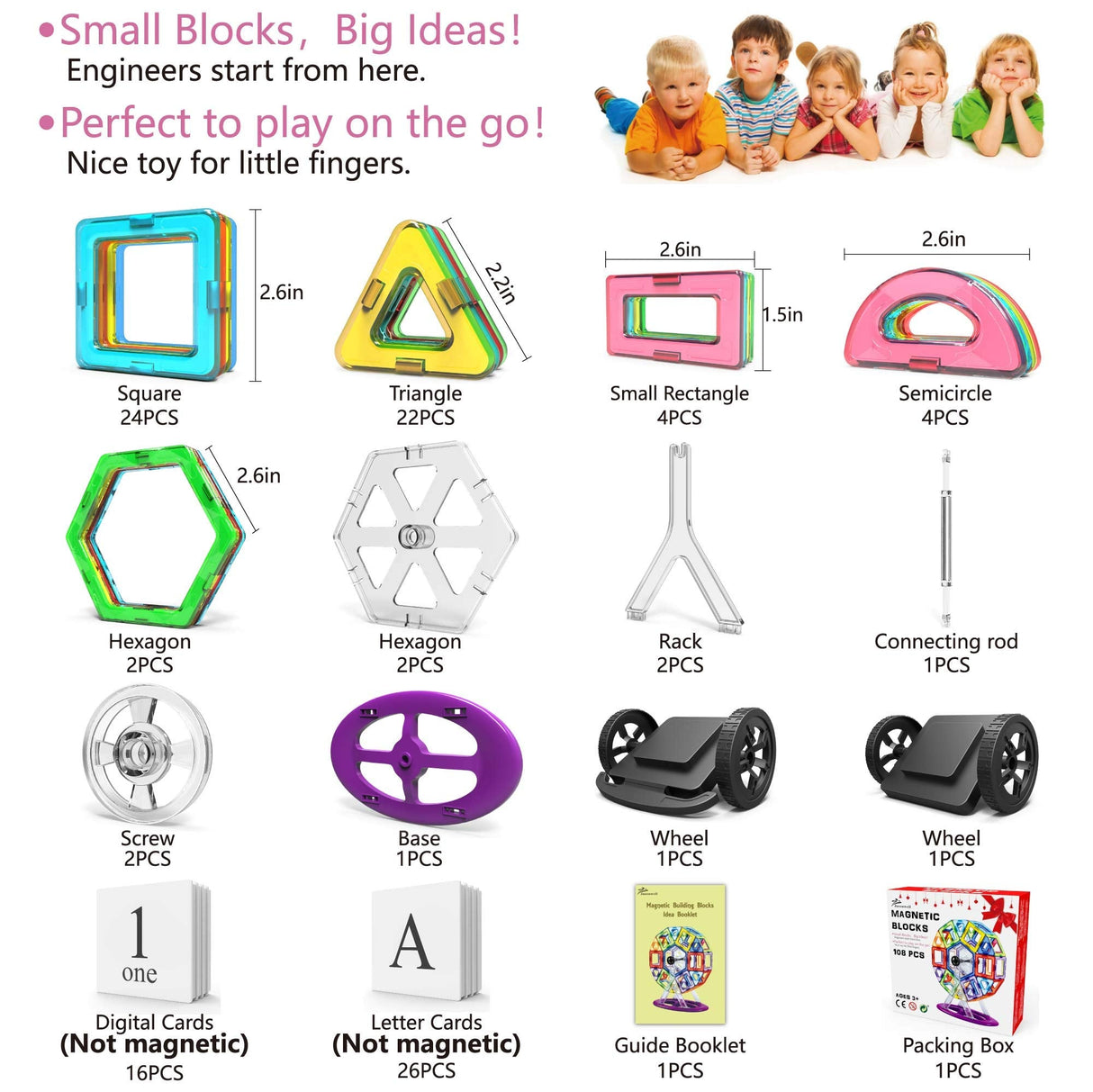 108pcs Magnetic Tiles Building Blocks Set, Preschool Educational Construction Kit DIY Creative 3D Magnetic Toys Best Boys Girls Kids Toddlers Children