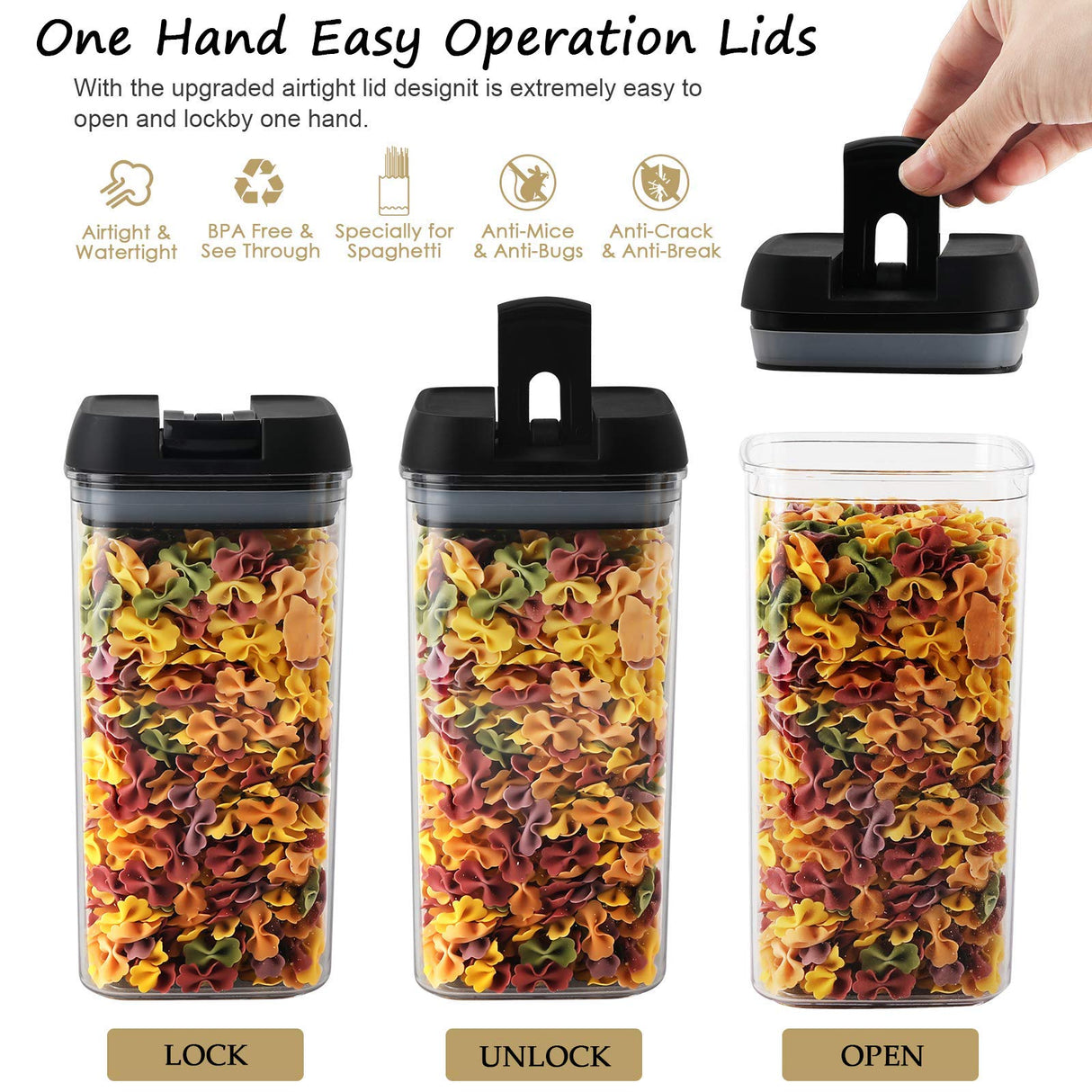 Airtight Food Storage Container Set,7 Pieces BPA Free Plastic Kitchen Organization and Storage with Easy Lock Black Lids Labels/Spoons/Pen,for Dry Food, Flour, Sugar, Pasta, Cereal