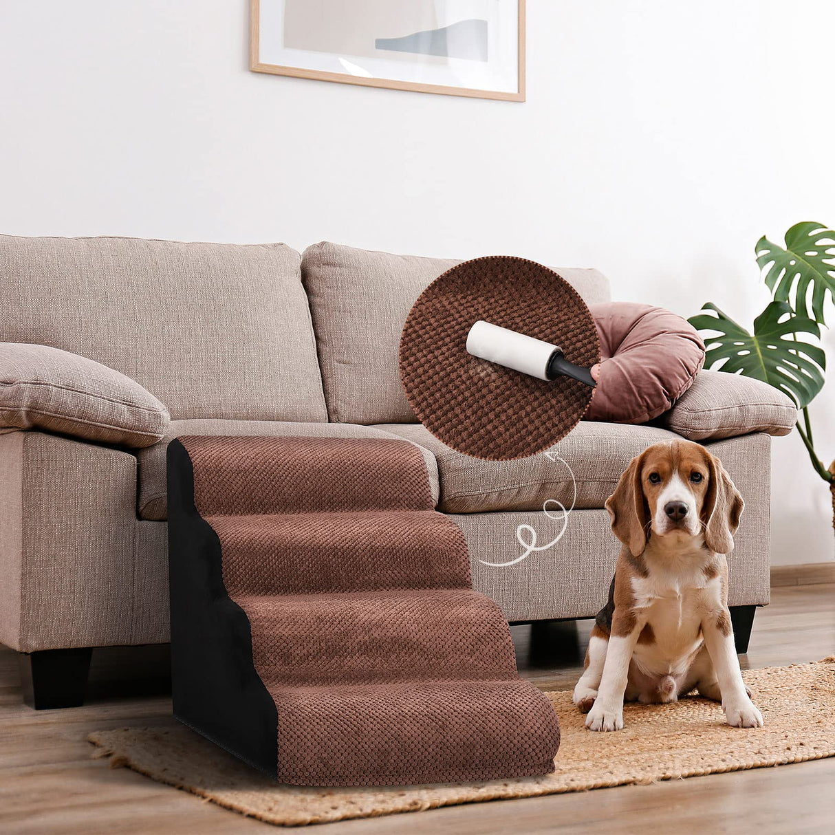 4 Tiers Extra Wide Dog Steps, Pet Stairs-High Density Foam Dog Ladder Ramp for Bed or Couch,Non-Slip Dog Stairs for Short Leg Dogs,Older/Injured Pets,with Lint Roller 2 Refills Brown/Black