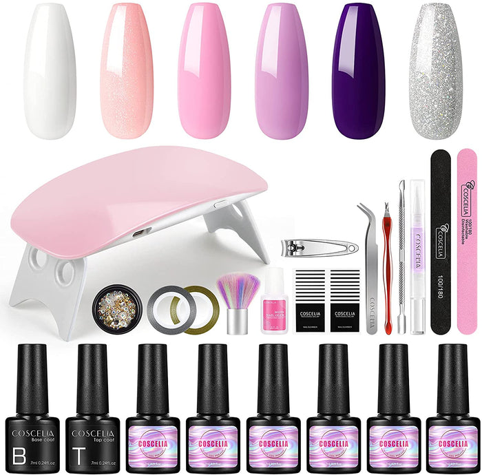 Gel Nail Polish Kit with UV Light Starter Kit 6 Colors Soak Off 7ml Gel Nail Polish Set with Base and Top Coat 6W Protable UV LED Lamp for Nails Nail Art Decorations Manicure Tools Set for Home DIY Nail Salon