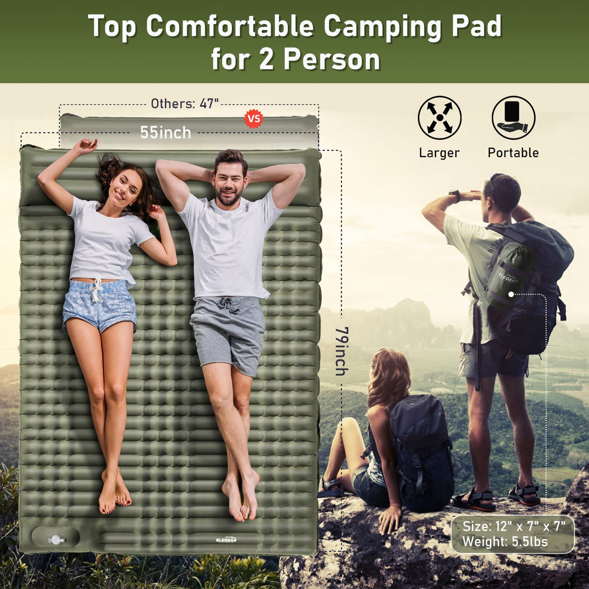 Double Sleeping Pad for Camping, 4" Ultra-Thick Self Inflating Camping Pad 2 Person with Pillow Built-in Foot Pump Camping Sleeping Mat for Backpacking, Hiking, Portable Camping Pad