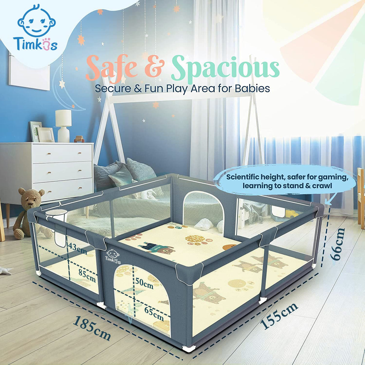 Baby Playpen with Mat, Baby Play Gym Extra-large Playpens Play Mat with 50 Balls Pit, 4x handlers, Baby Play Gates with Basket Net, Play Yard for Toddler Babies with Breathable Mesh (155*185*66cm)