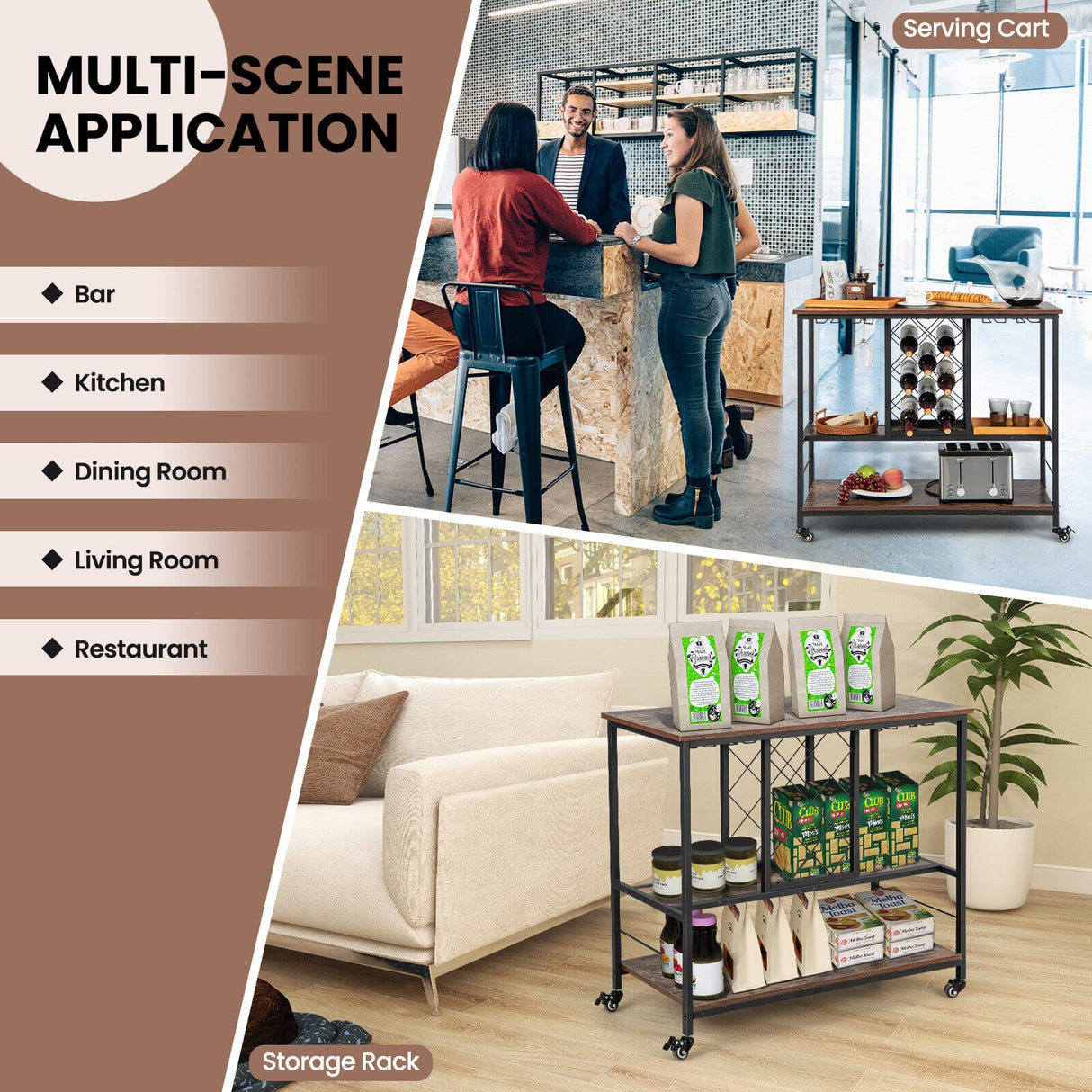 3-Tier Bar Wine Rack Table, Industrial Kitchen Island Cart with 8-Bottle Wine Rack & 4-Row Wine Glass Holders, Rolling Buffet Serving Cart for Dining Room, Living Room, Cafe, Rustic Brown