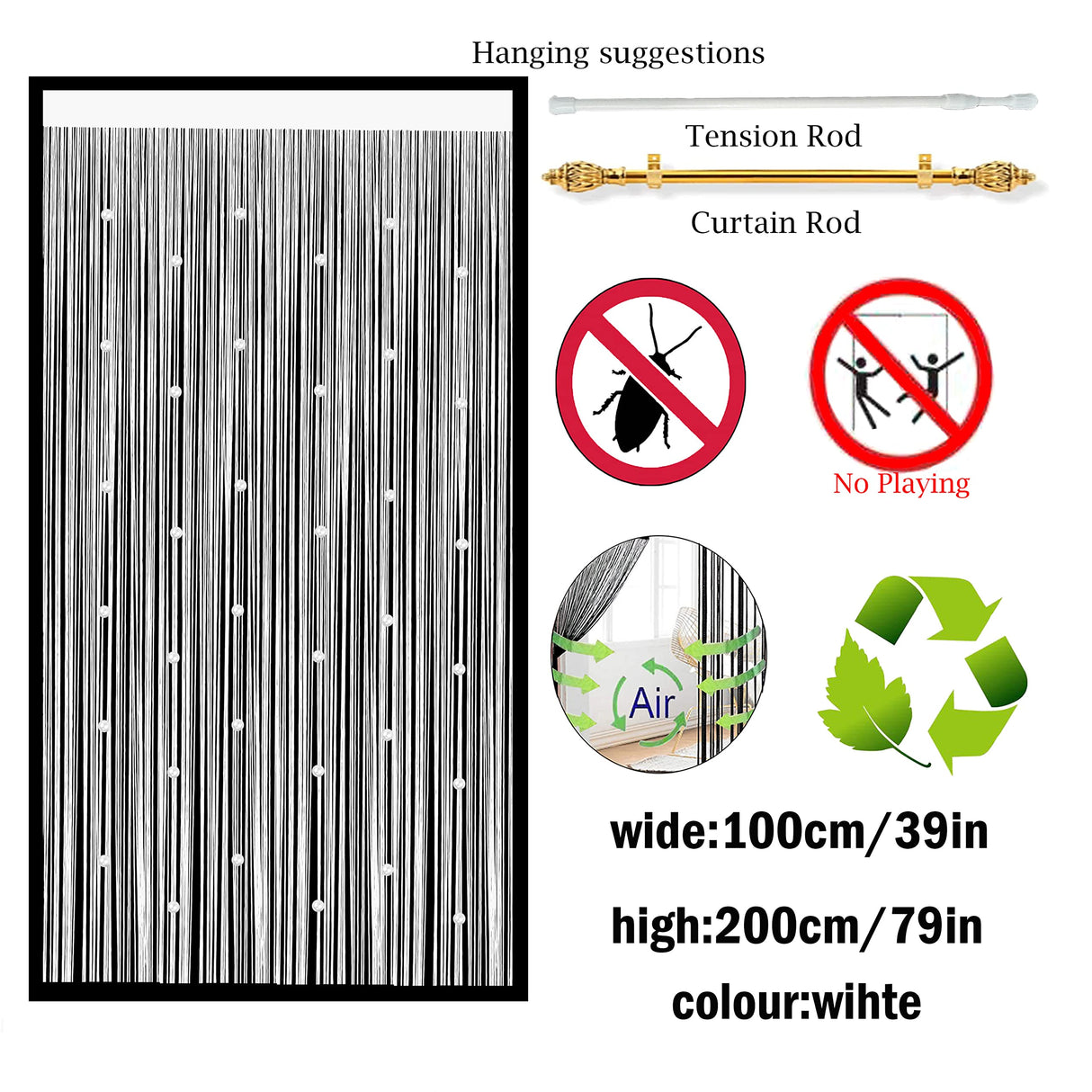 Beads Curtain Door String Curtains for Doorway Tassels Beaded Window Panel Room Divider Wall Decorations Closet Curtains for Bedroom Closet Door Drapes (39x79in, White)