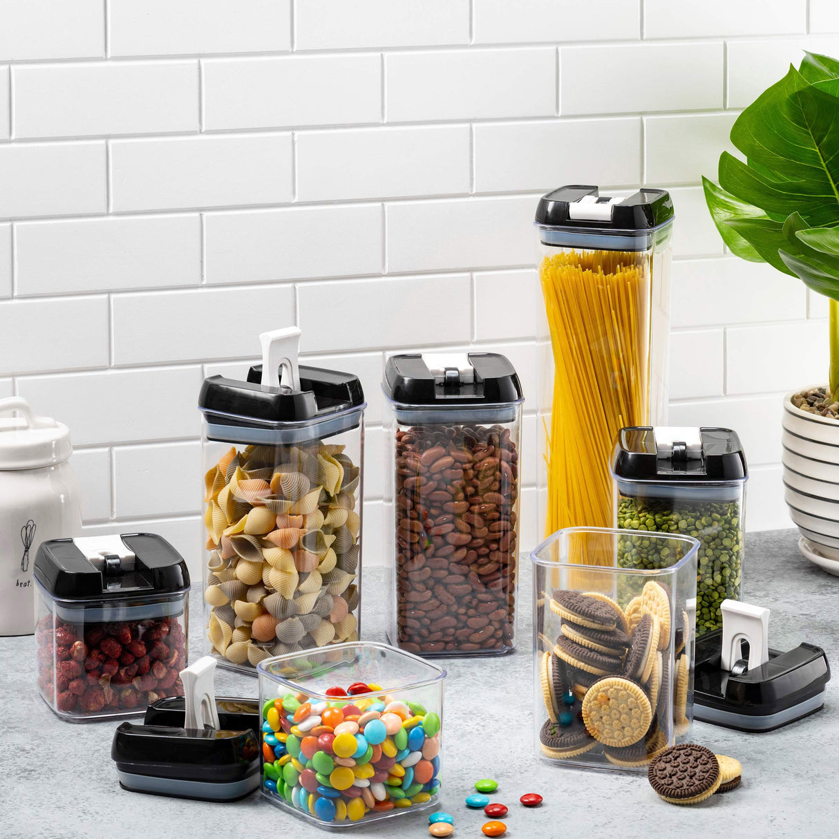 Airtight Food Storage Container Set,7 Pieces BPA Free Plastic Kitchen Organization and Storage with Easy Lock Black Lids Labels/Spoons/Pen,for Dry Food, Flour, Sugar, Pasta, Cereal