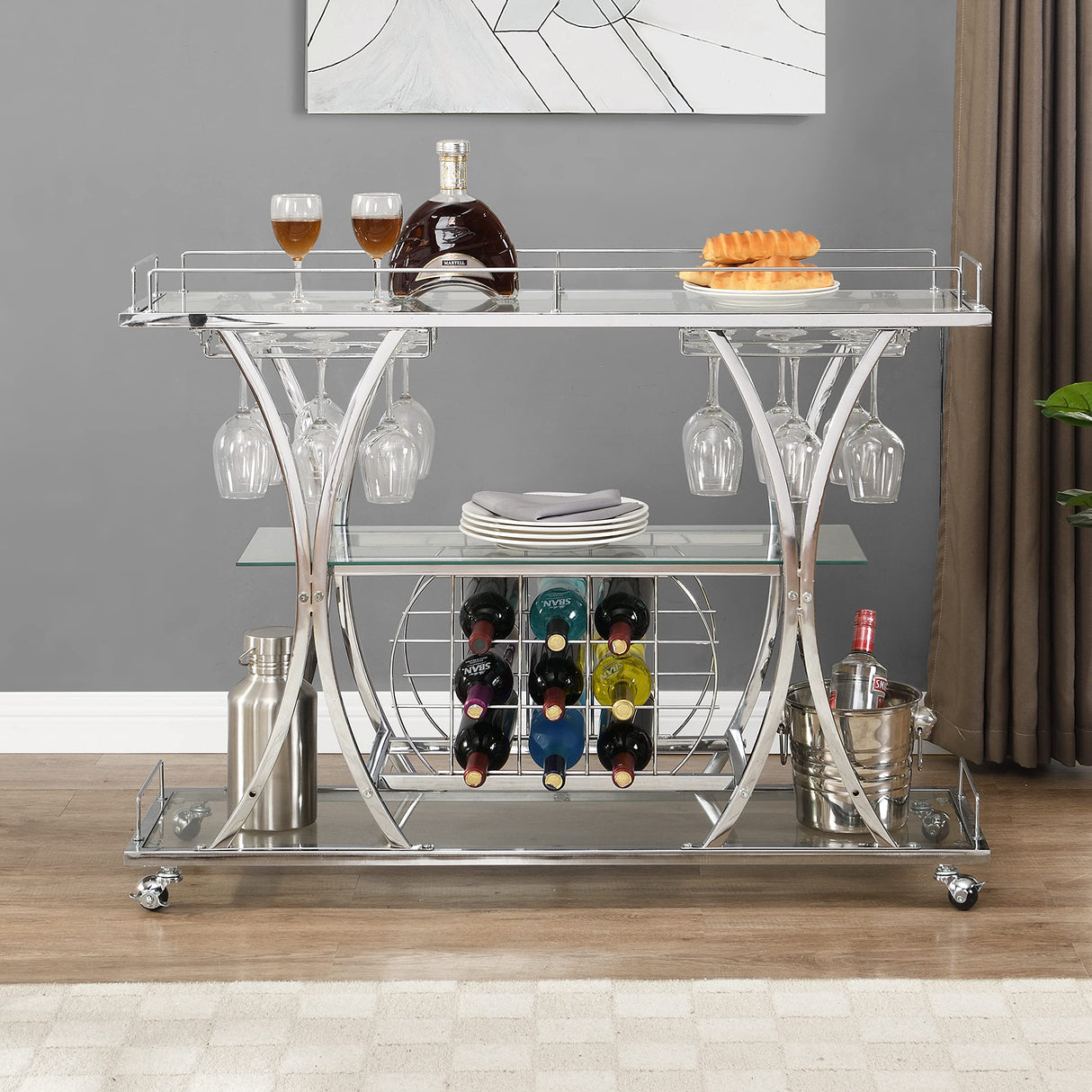 Chrome Stainless Steel & Glass Shelves Bar Cart Holders with 12 Glasses and 11 Wine Bottles, Silver