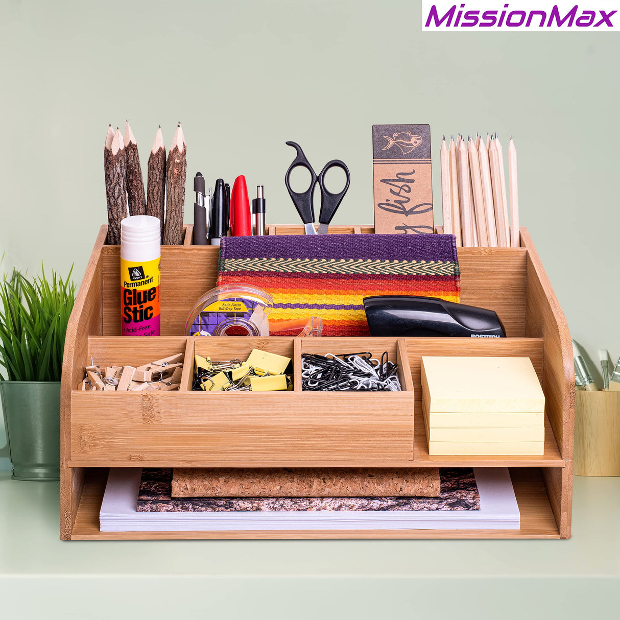 Bamboo Wood Desk Organizer with File Organizer for Office Supplies Storage & Desk Accessories. Perfect Office Decor combo for Desk Organization, Office Desks, Home Office and more by MissionMax