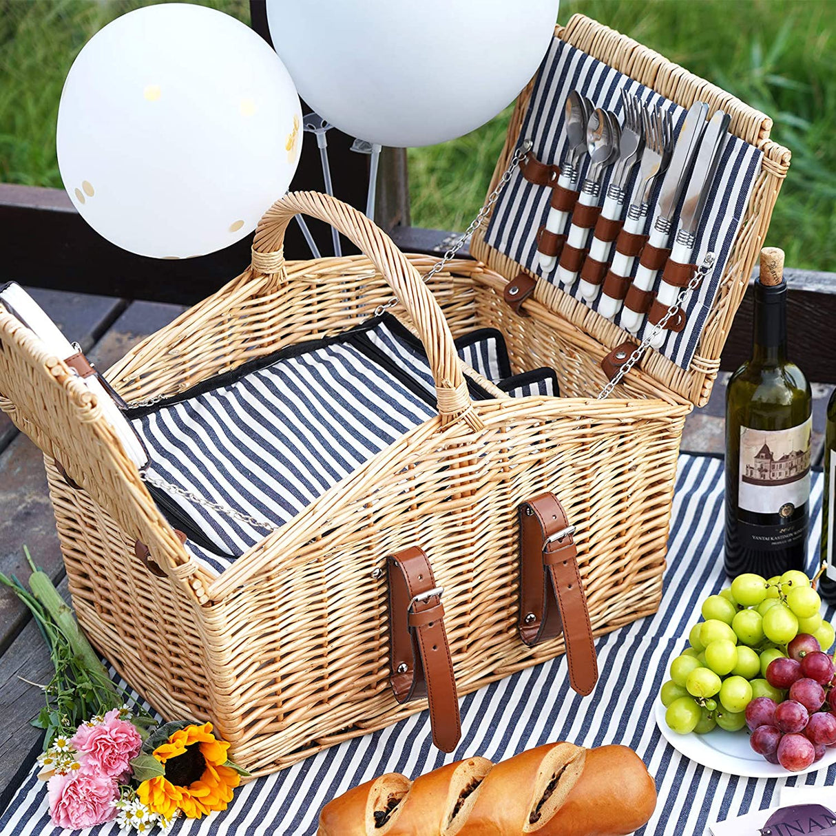 Picnic Hamper for 4 Persons with Double Lids and 'Built-in' Insulated Cooler, Natural Wicker Picnic Basket with Canvas Stripe Lining, Willow Picnic Set (Navy Stripe)