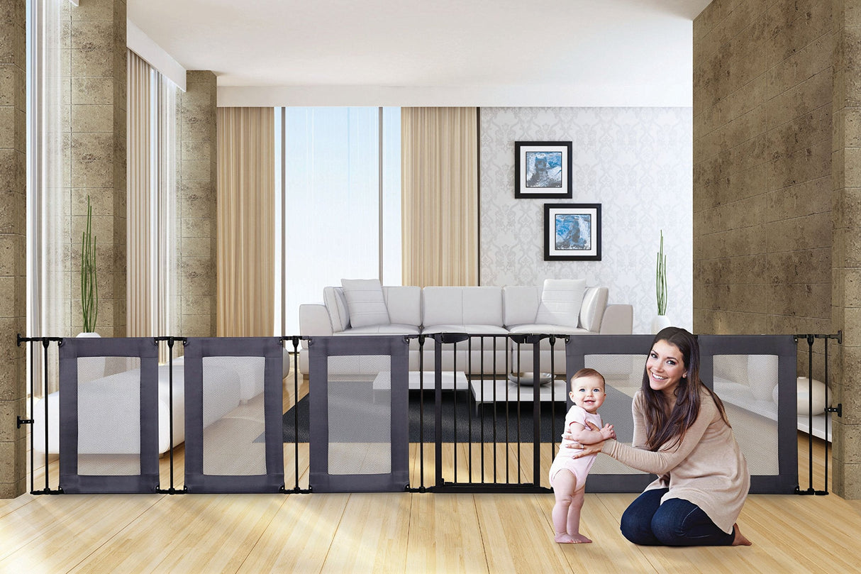 Dreambaby Brooklyn Converta 3-in-1 Play-Pen Baby Safety Gate - with 6 Configurable Mesh Sides Panels - Fireguard & Room Divider - Fits Opening up to 3.8m Wide & 74cm Tall - Black - Model F2031BB