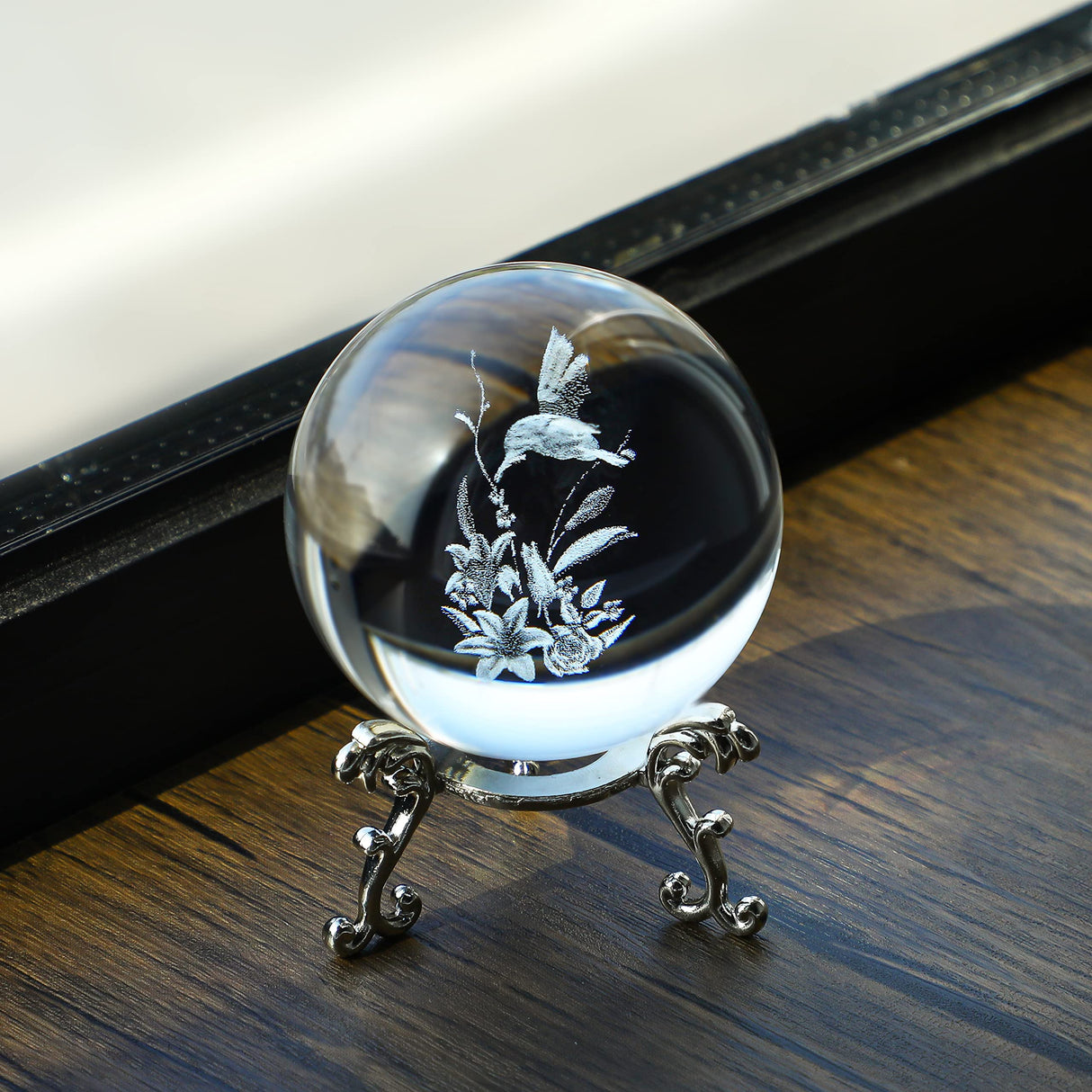 3D Laser Hummingbird Crystal Ball Paperweight Figurines Glass Crystal Ball with Stand Gift 60mm
